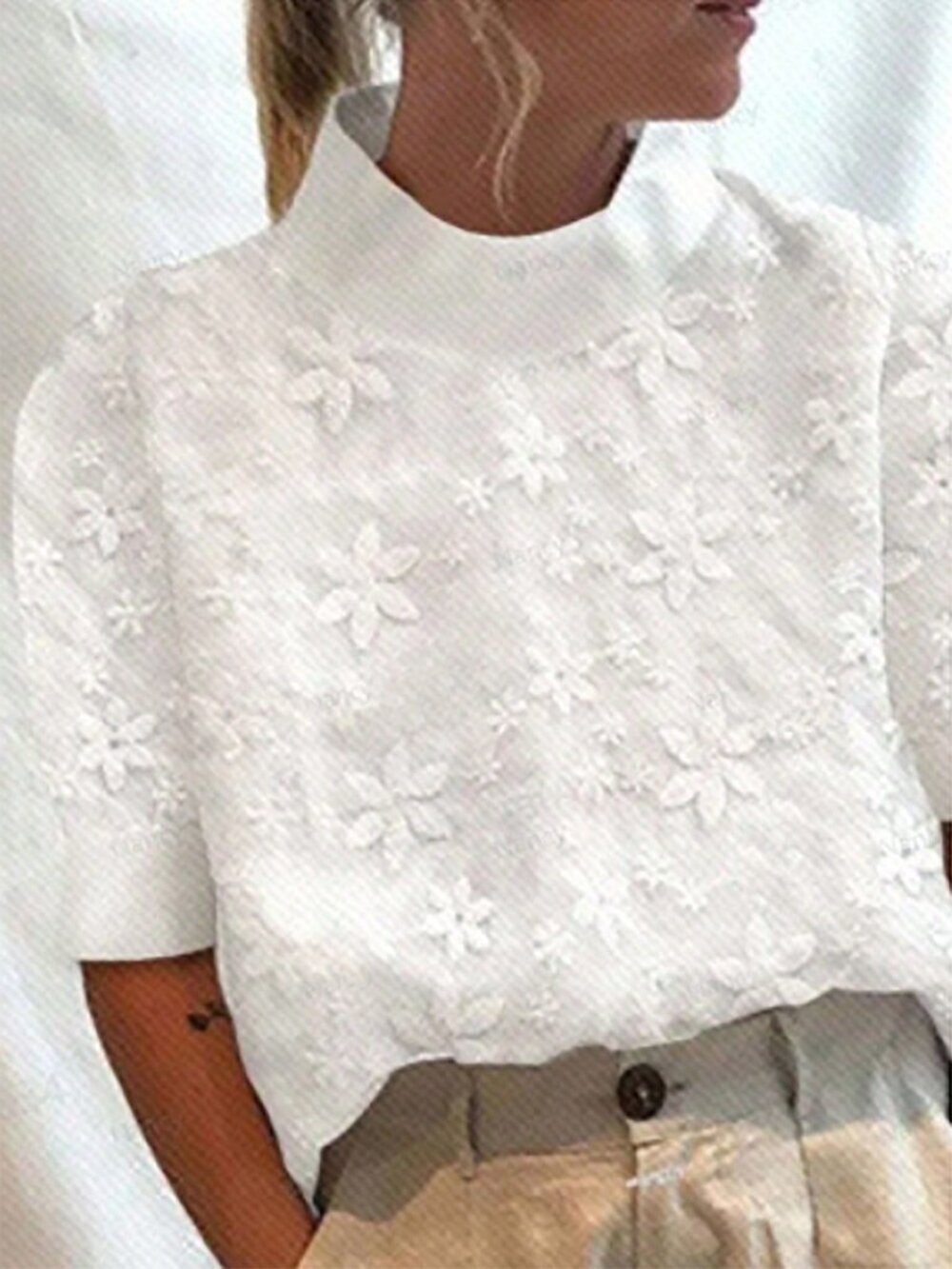 White Casual Women's Floral Printed Loose Top